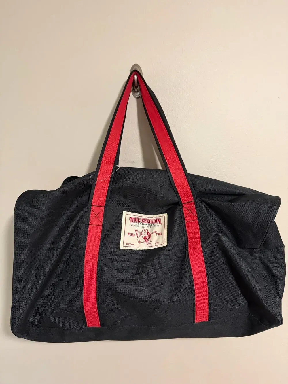 True Religion Duffle Bag Black Red Zip Top Travel Weekender Bag Lightweight
